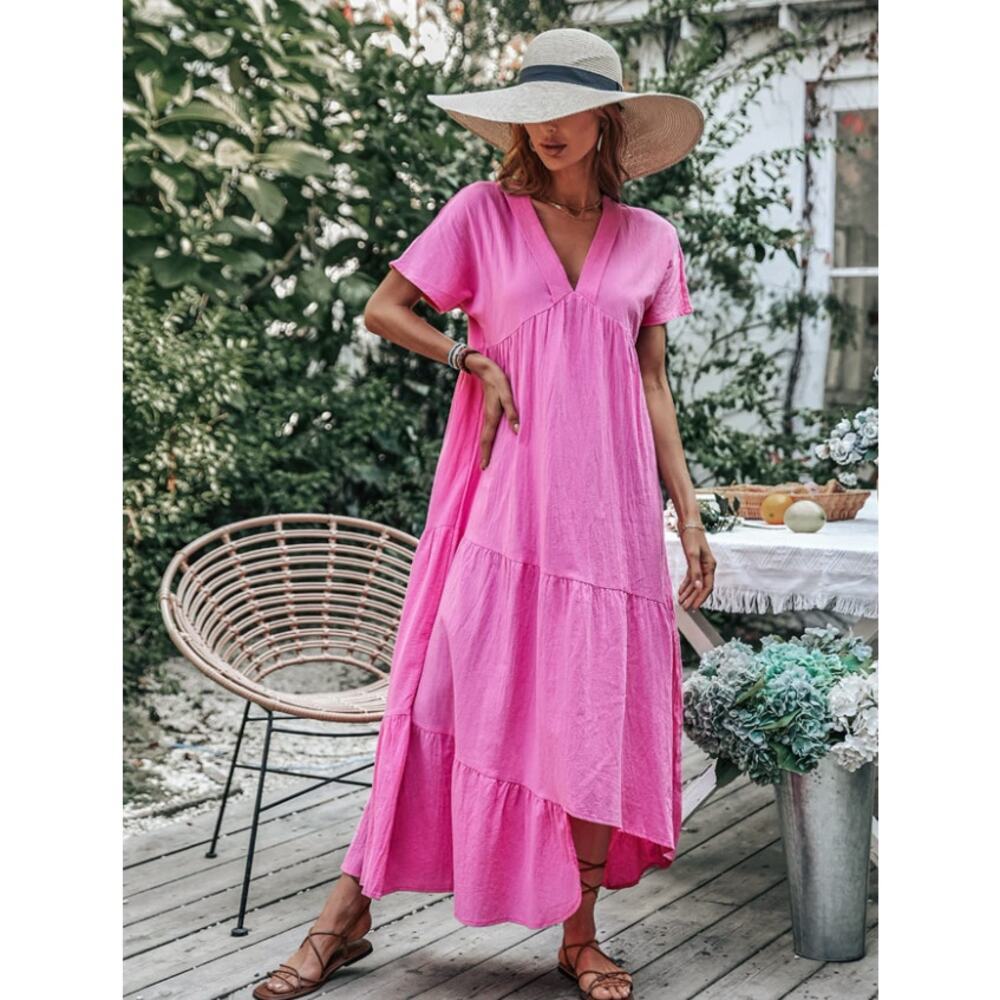 SHEIN Lune Pink Asymmetrical Hem Midi Dress Size L V Neck Tiered Boho Flowy